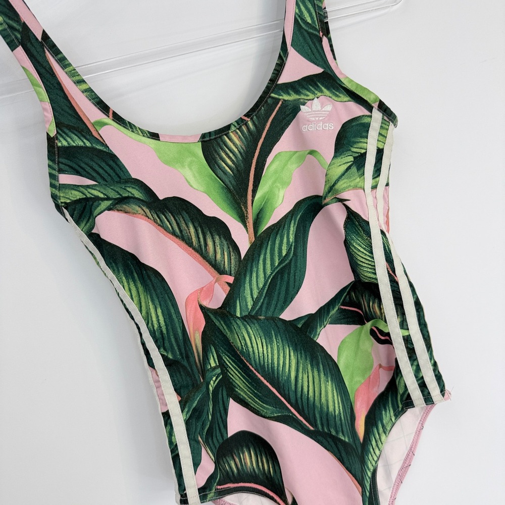 Adidas Originals Farm Rio Bodysuit Womens S Pink Green Tropical Leaf 3-Stripe - Picture 3 of 10